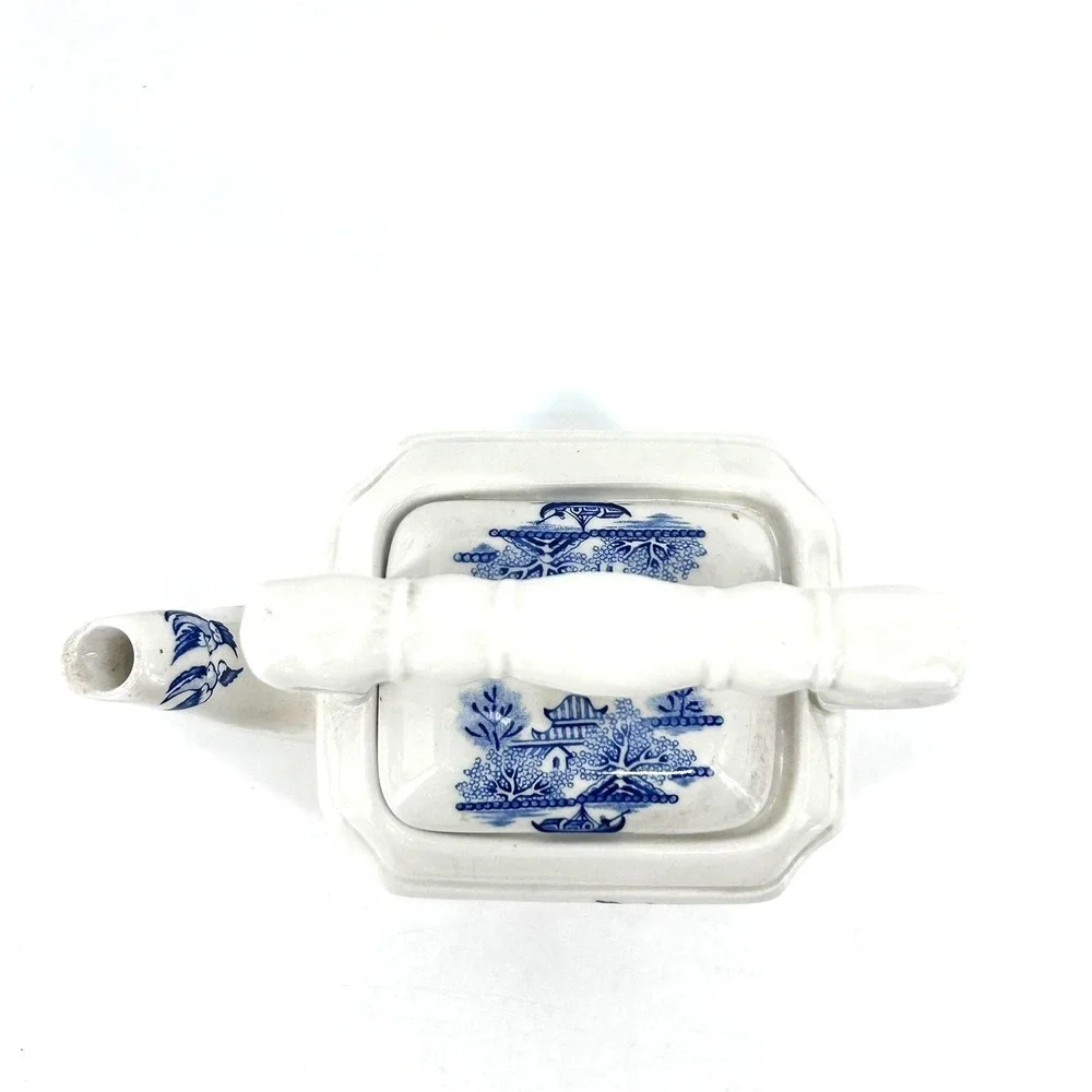 Churchill Blue Willow Chinoiserie Ceramic Teapot Blue White Pagoda Square Base